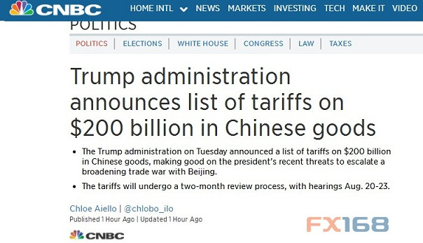 美国再次威胁对2,000亿美元中国商品加征关税